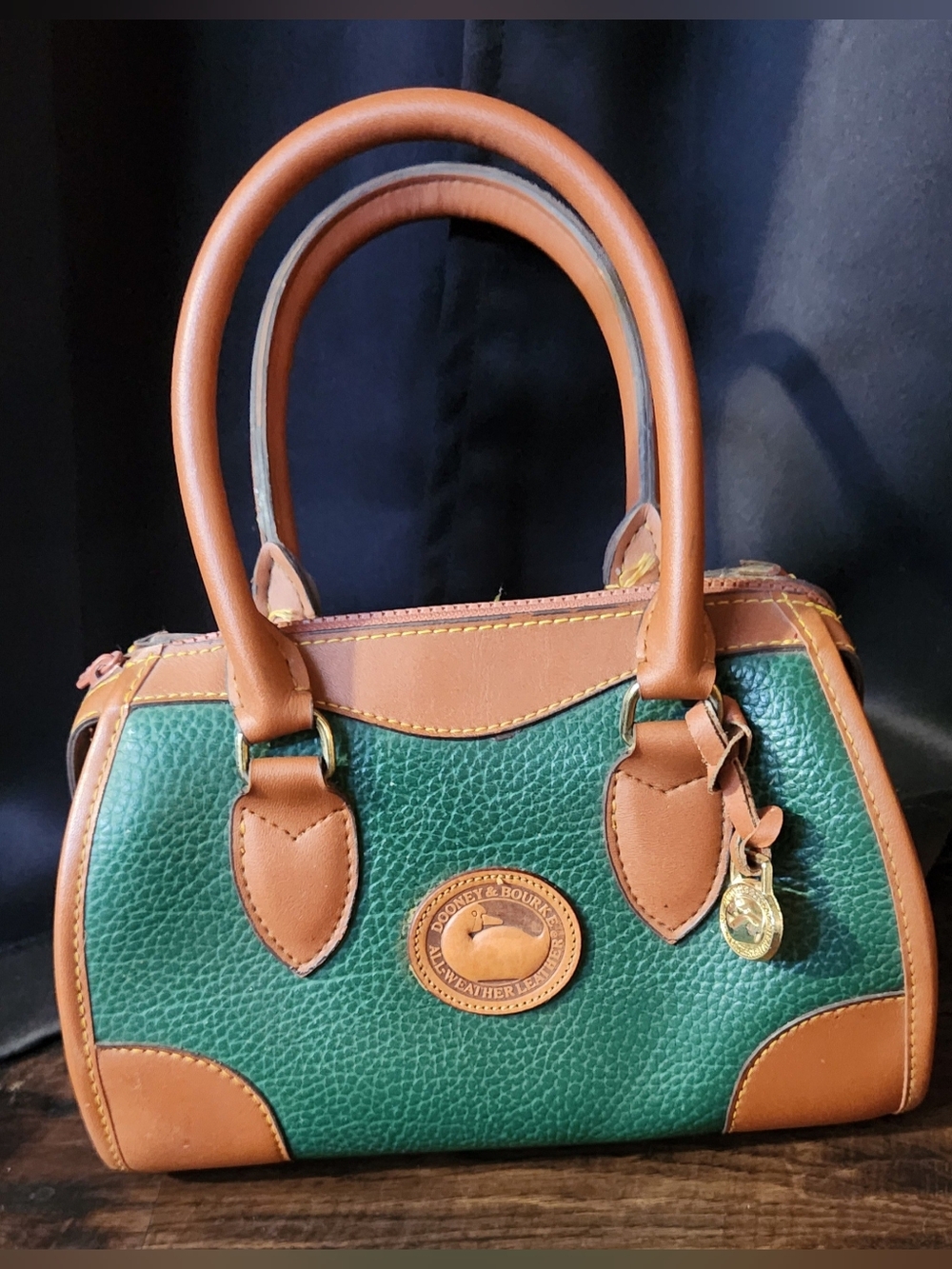 Vintage Dooney & Bourke  Leather Small Barrel Satchel Green & Brown